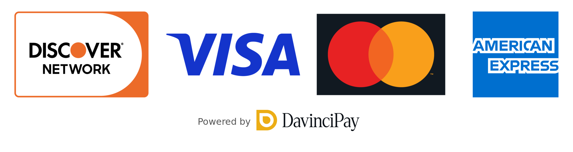 Discover, Visa, Mastercard, and American Express. Powered by DavinciPay.